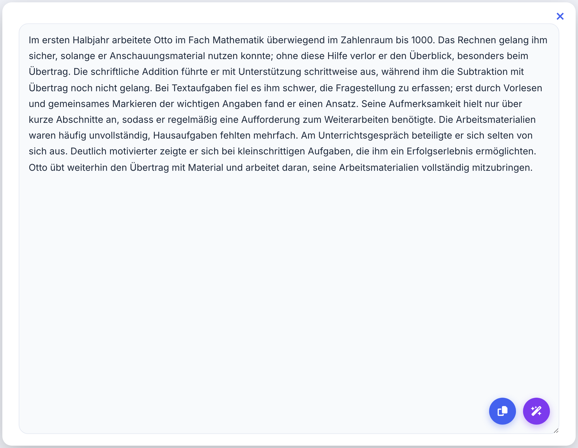 Fertig generierter KI-Zeugnistext im bearbeitbaren Textfeld