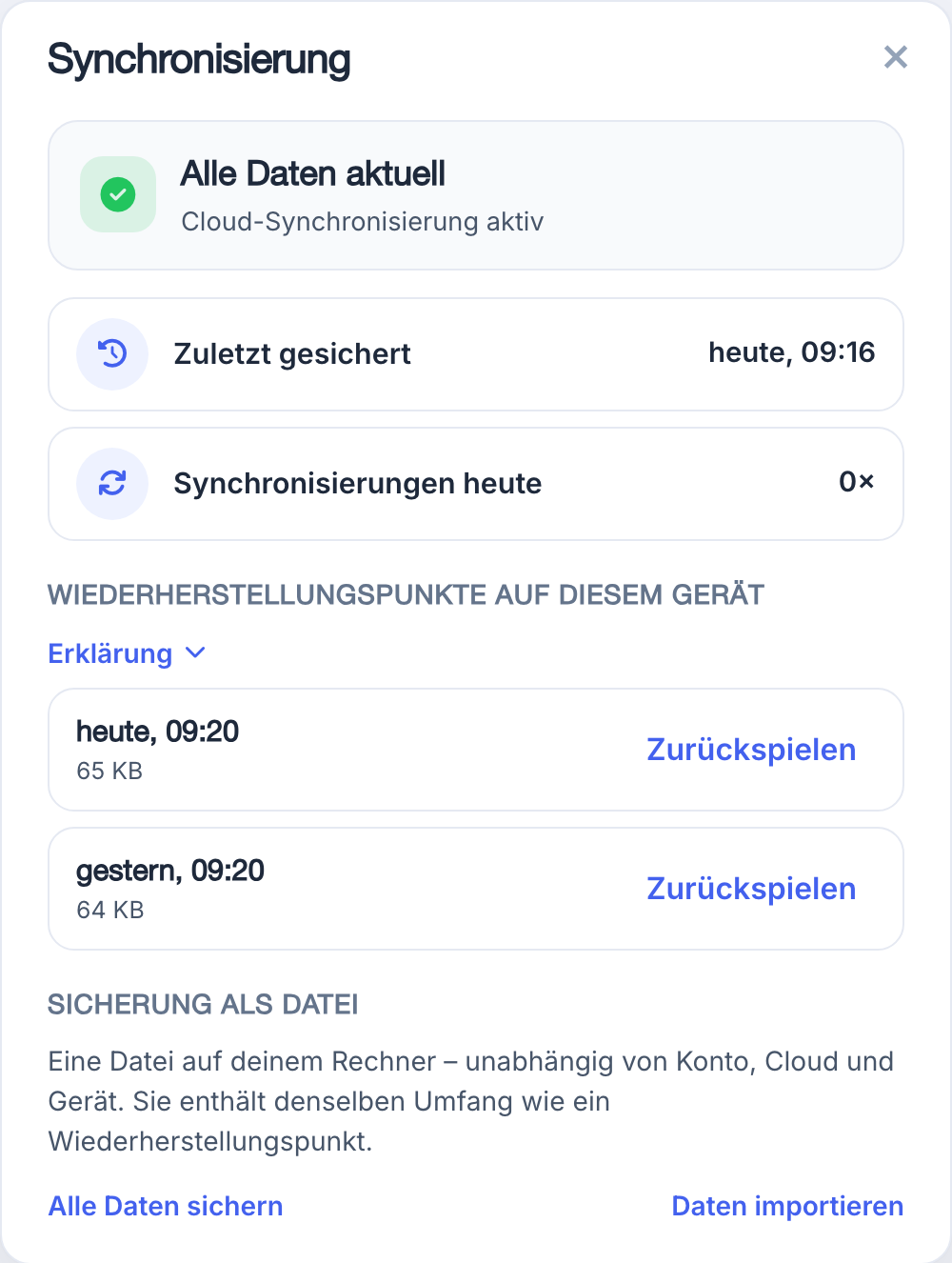Synchronisierungs-Fenster: Zuletzt gesichert, Wiederherstellungspunkte auf dem Gerät und Sicherung als Datei