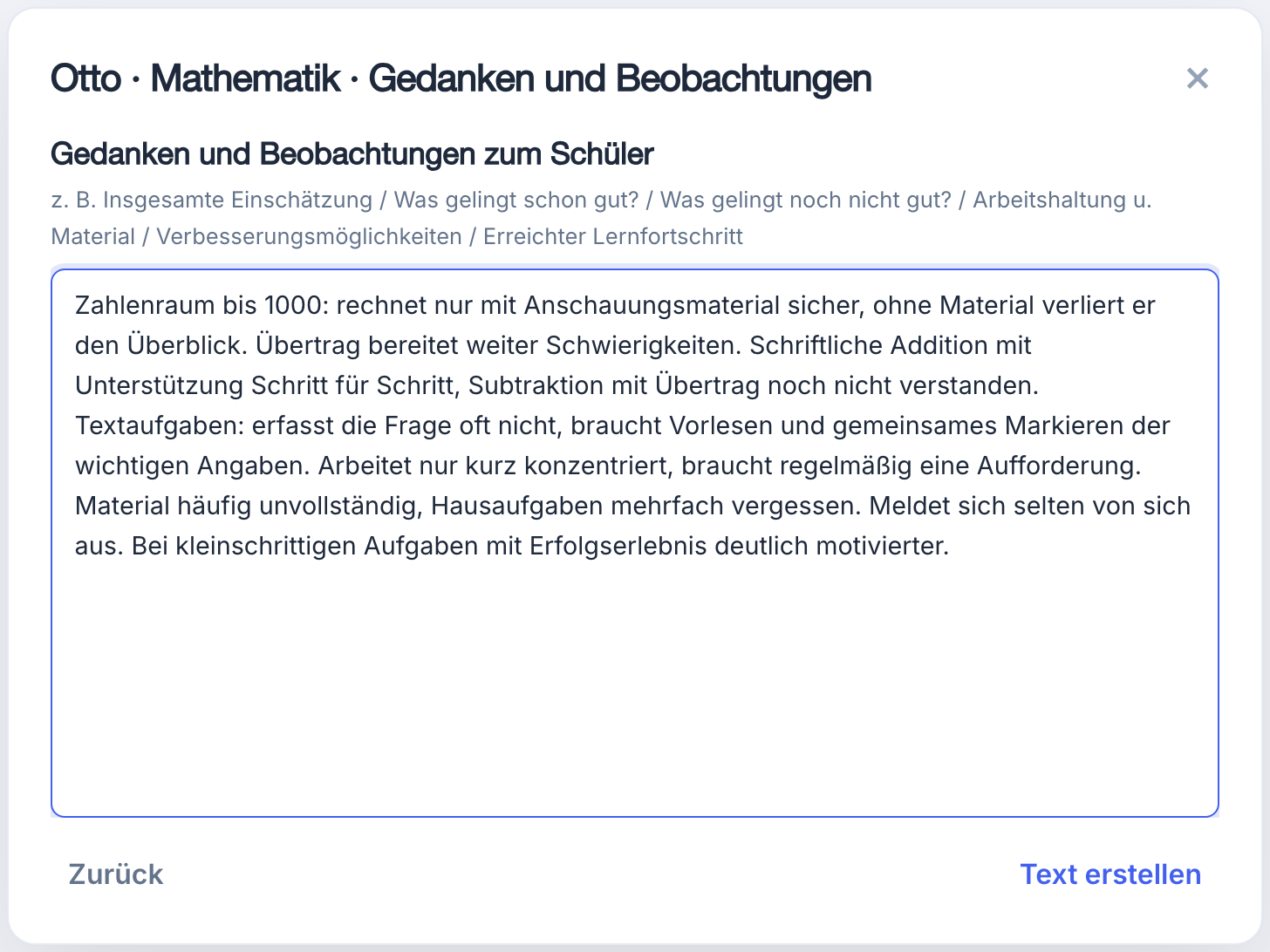 Schritt für Schritt: Gedanken und Beobachtungen zum Schüler eintragen